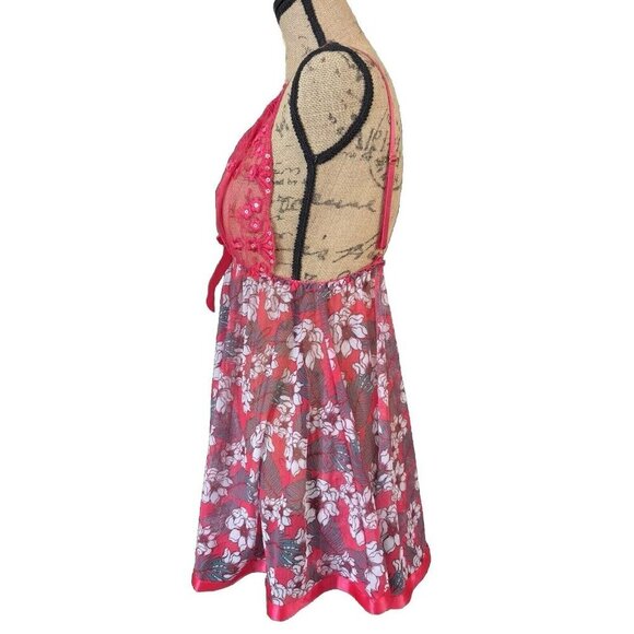 Red Lace Sheer Mesh Floral Slip Dress Chemise Babydoll Dress Gown LARGE Feminine - Picture 7 of 7